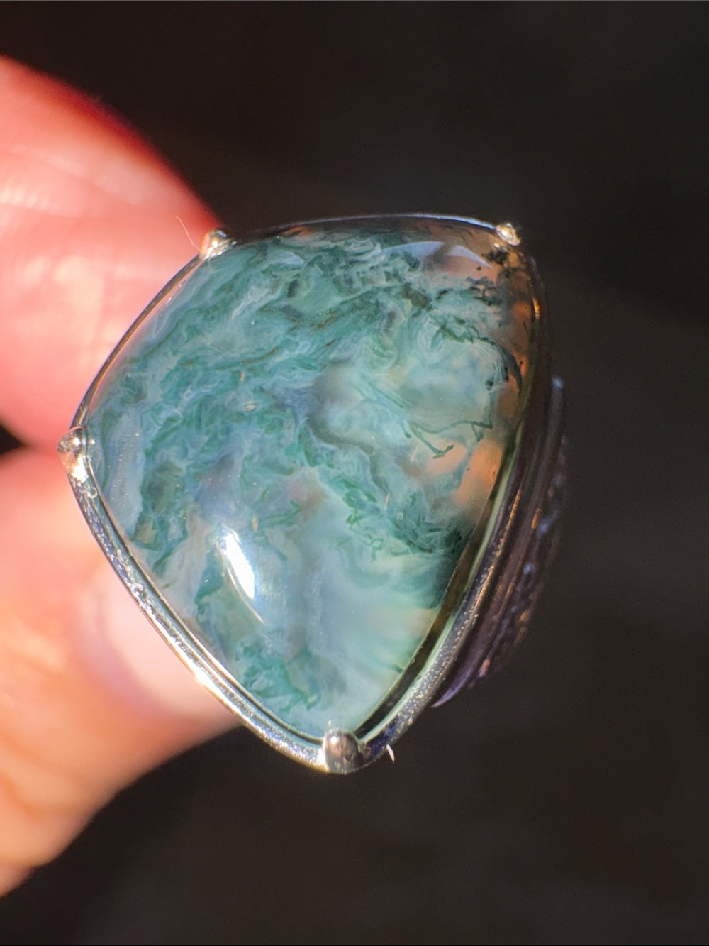 6 Sterling Silver Blue-Green Moss Agate Statement Ring